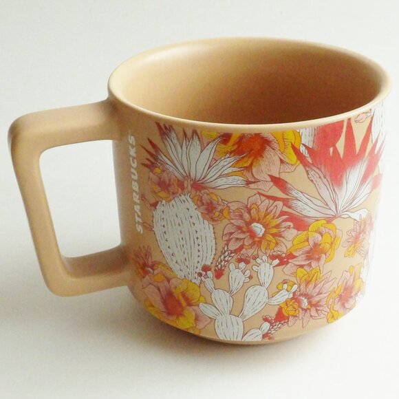 Starbucks 2019 Cactus Flowers Ceramic Coffee Mug 14 oz. Tan Peach D Handle - Picture 1 of 8